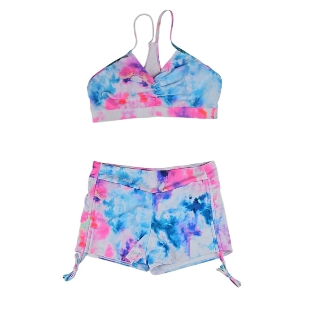 Colorful Swimsuit Two Piece Shorts Bikini Blue White Pink Multicolor Splash, L - Picture 6 of 6